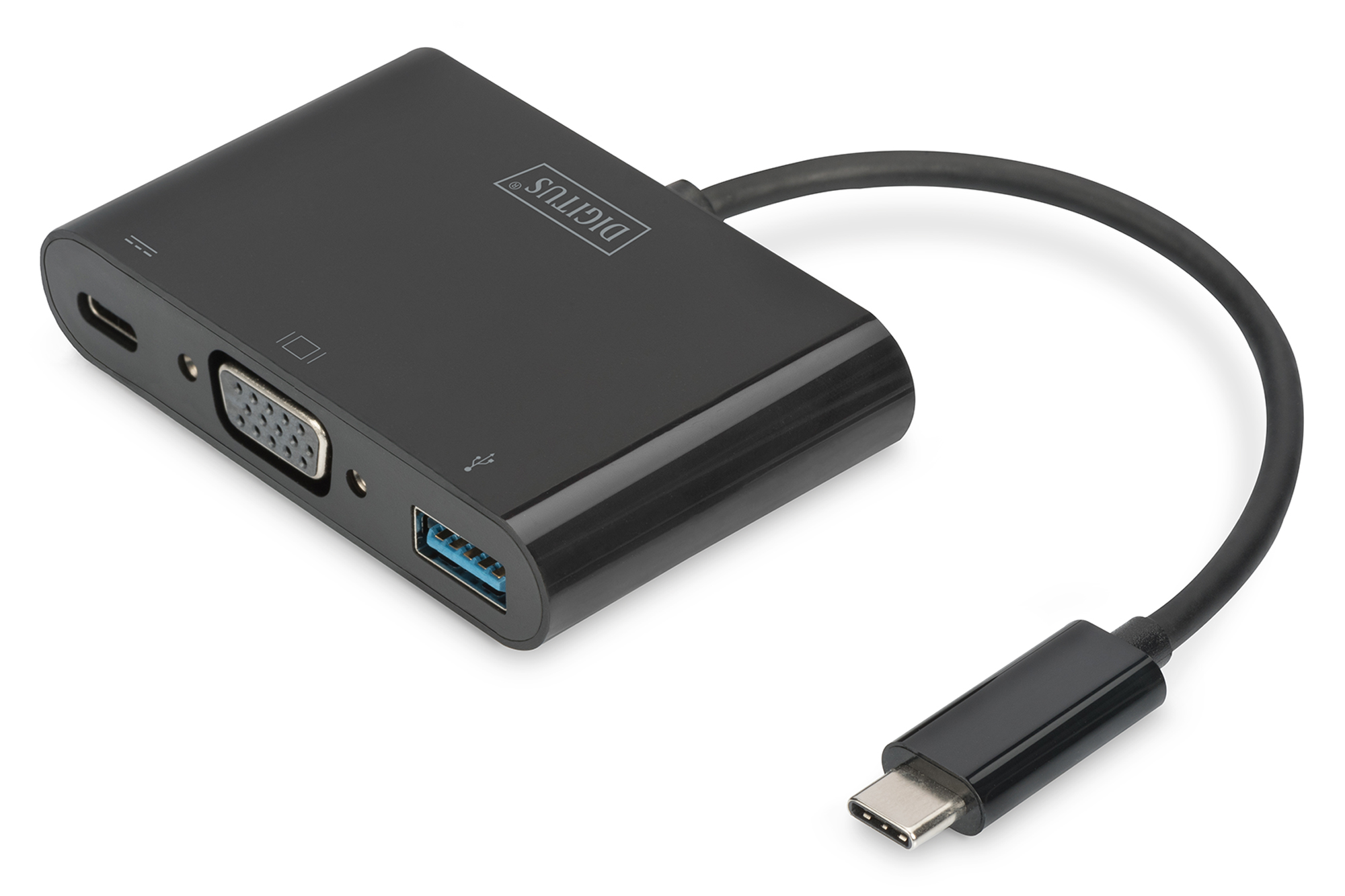 DA-70854 Digitus USB 3.1 (Gen. 1) (USB Tip C) <-> VGA Grafik Adaptörü<br>
Giriş: 1 x USB Tip C erkek (bilgisayar bağlantısı için)<br>
Çıkış:<br>
1 x Şarj özellikli USB Tip C (PD 2.0) dişi (60W)<br>
1 x USB 3.0 USB-A dişi (mobil cihazları şarj etmek için Ba