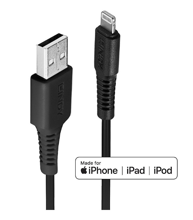 LIN-31320 iPod®, iPhone®, iPad® için USB Senkronizasyon ve Şarj Kablosu, Lightning Konektörlü, USB 2.0 Tip A Erkek <-> Lightning C89 Erkek, 1 metre, Siyah Renk<br>
1m USB Type A to Lightning Cable, Black (USB Type A Male to Lightning Male)