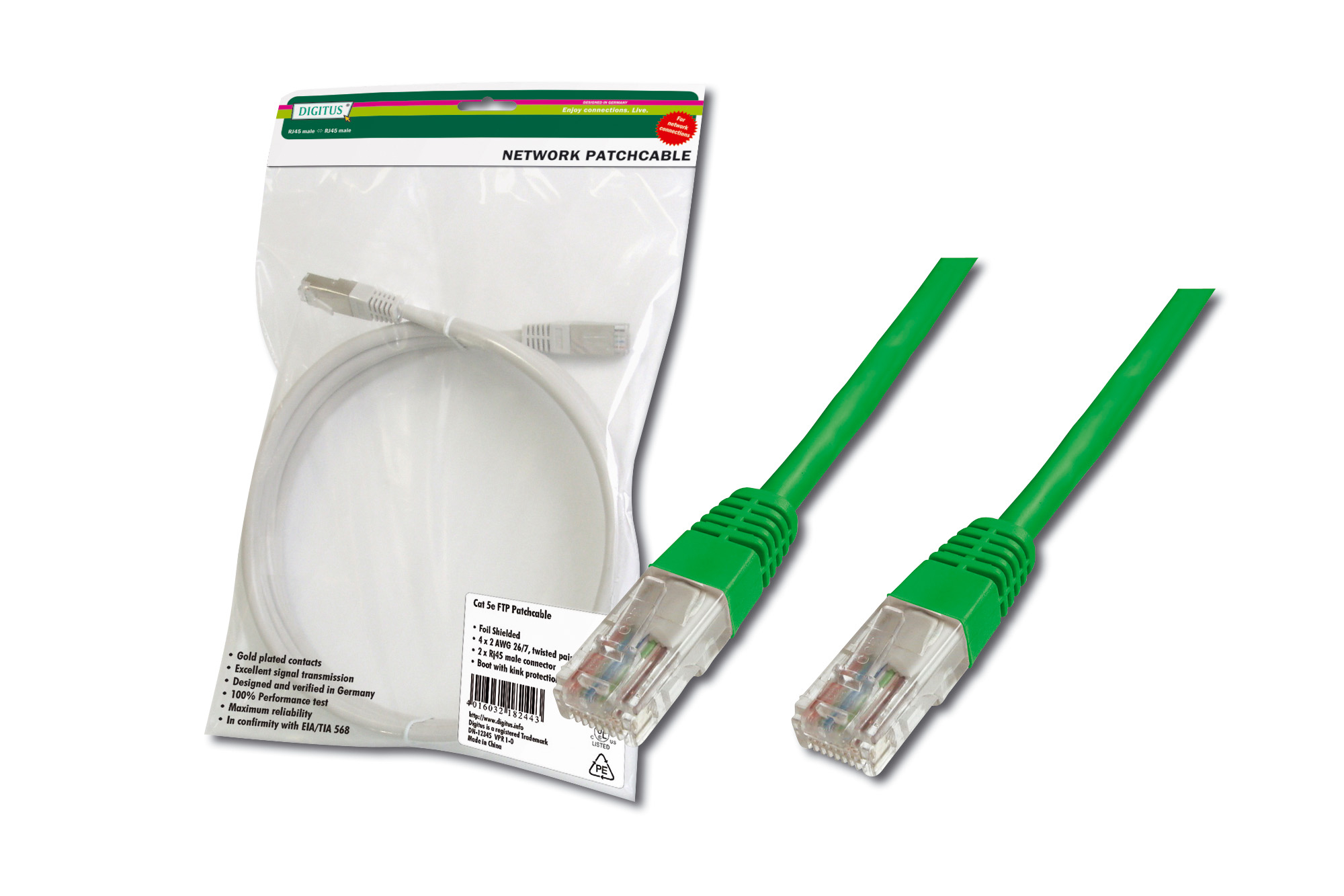DK-1511-005/G Digitus Patch Kablo, UTP, CAT. 5E, 0.5 metre, AWG 26/7, Yeşil Renk, 3P sertifikalı