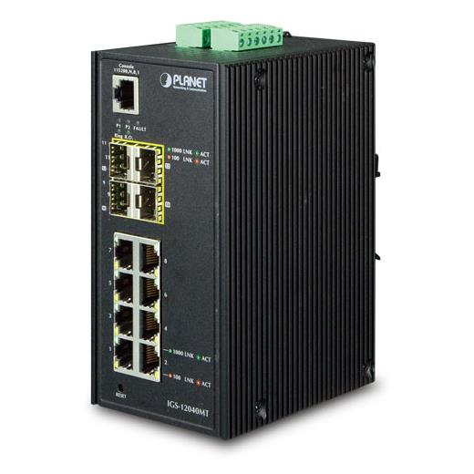 Pl-Igs-12040Mt Endüstriyel Tip Yönetilebilen Switch (Industrial Managed Switch)≪Br≫
8-Port 10/100/1000Base-T≪Br≫ 
4 X 1000Base-Sx/Lx/Bx Sfp/Mini-Gbıc Yuva (Port-9 İle Port-12 Arası), 100Base-Fx Sfp Uyumlu≪Br≫
Ip30, -40~75 Derece