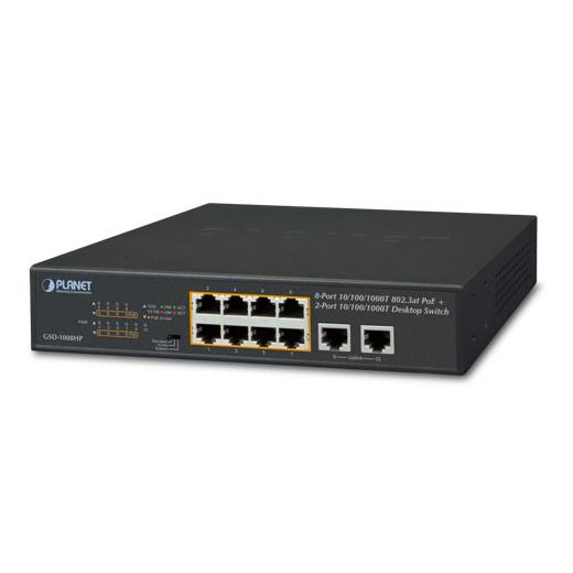 Pl-Gsd-1008Hp Yönetilemeyen Masaüstü Tip Switch (Unmanaged Desktop Switch)≪Br≫
8-Port 10/100/1000T Ieee 802.3 At/Af Poe+ Injector (Port Başına 30.8 Watt) (Poe Güç Bütçesi Maks. 120 Watt)≪Br≫
2-Port 10/100/1000T