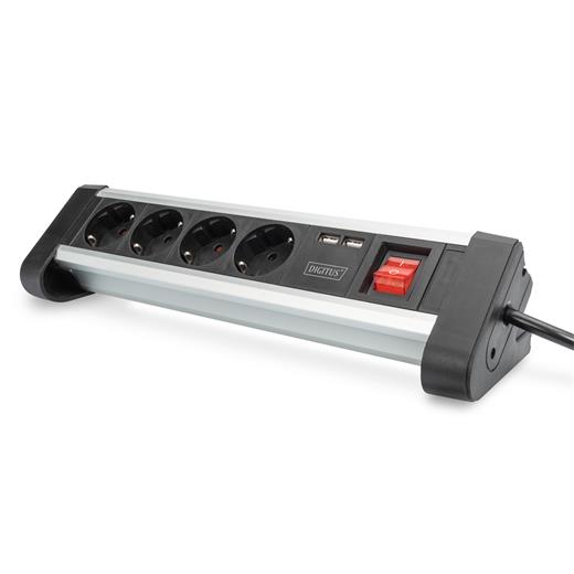 Da-70614 Digitus Ofis Tipi 4'Lü Grup Priz, 2 X Usb Port (5V/2.4A, Mobil Cihazları Şarj Etmek İçin), Açma/Kapama Düğmeli, Alüminyum, Siyah/Gümüş Renk