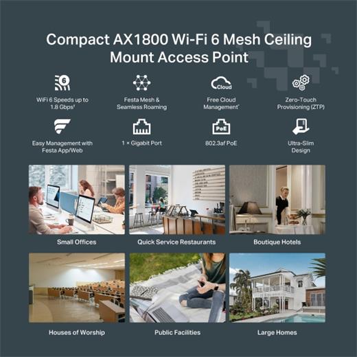 TP-LINK FESTA F61 1 PORT GIGABIT 2.4/5GHZ 1775MBPS AX1800 WIFI6 POE CLOUD YONETILEBILIR ACCESS POINT(ADAPTÖRLÜ)