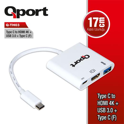 Qport Q-Th03 Type-C To Hdmı/Usb3.0/Type-C(F) 4K Cevırıcı