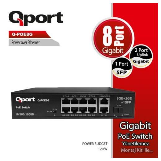 Qport Q-Poe8G 8 Port Gıgabıt + 2 Port Gıgabıt Uplı